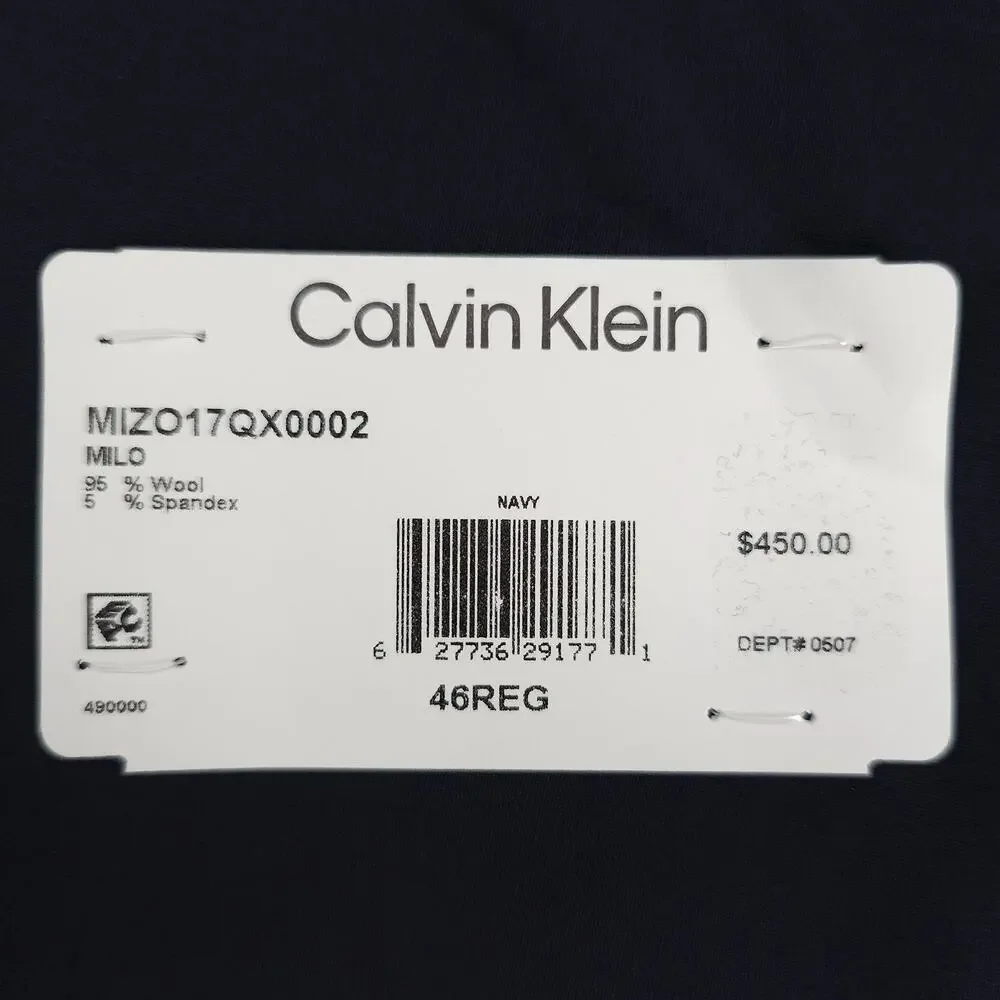 Calvin Klein Mens Skinny Fit 2 Piece Suit 46R 38x32 Navy Blue Solid Stretch Wool